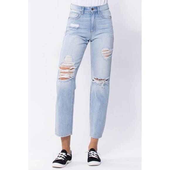 High Rise Light Wash Distressed 90's Straight Leg Jeans